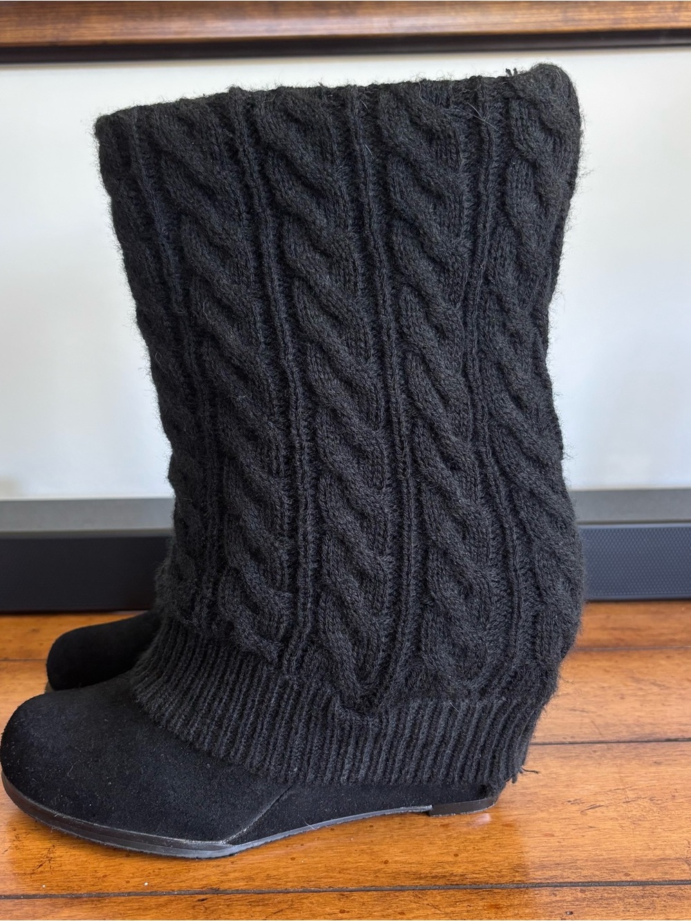 Women’s Steve Madden Black Knit Cable-Detail Wedge Boots - Picture 3 of 9
